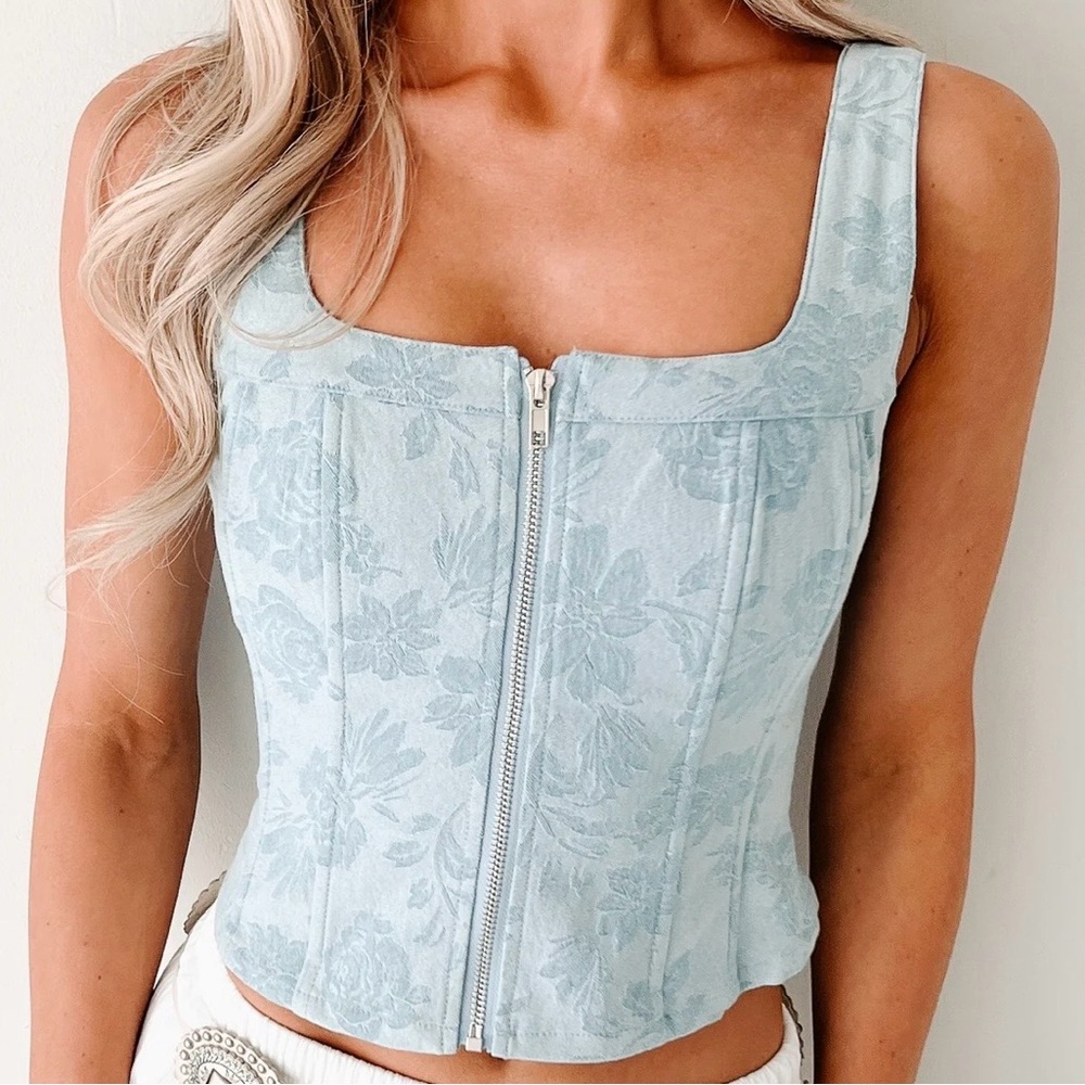 Promesa Blooming Lovely Zip Front Floral Denim Corset Top (light denim), Size S